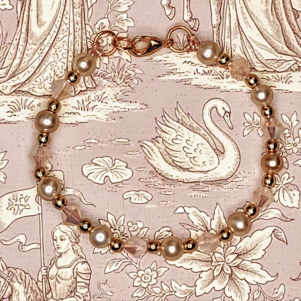 Pink Rose AB Crystal And Freshwater Pink Pearls In Rose Gold Bracelet.